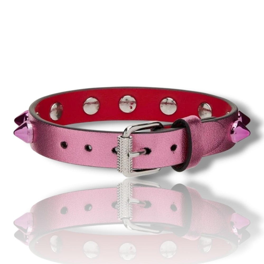 Christian Louboutin Loubilink Hot Pink Glitter Spiked Calf Leather Bracelet 8" - Picture 3 of 11